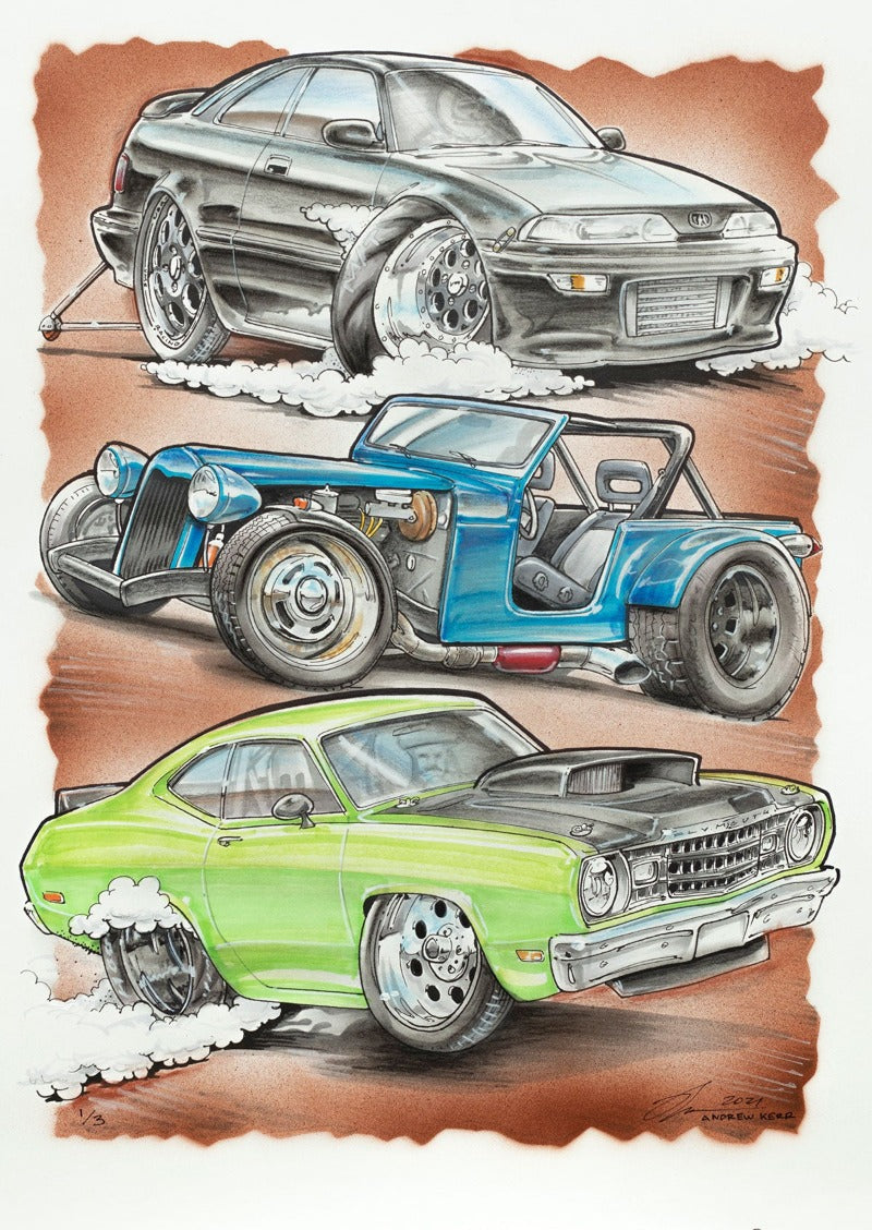 Automotive cartoon artwork by Andrew Kerr